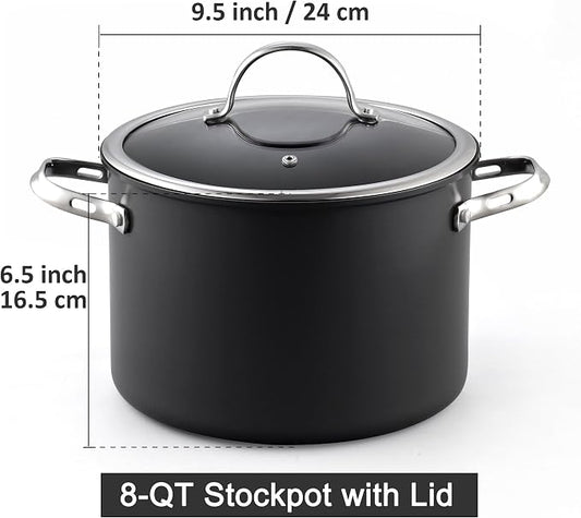 Cooks Standard Classic 8-Quart Stock Pot Dutch Oven Casserole with Glass Lid, Hard Anodized Nonstick Stockpot, Not Induction, Black