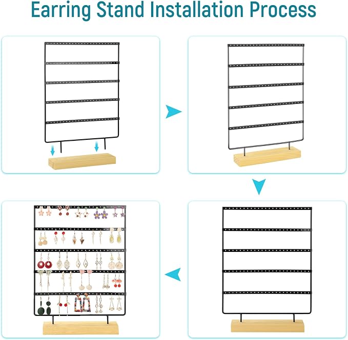 Earring Holder Organizer, 5-Tier Earring Organizer with 60-Pair Capacity, Wooden Base Metal Earring Display, Jewelry Storage & Display for Home Store, Suitable for Women