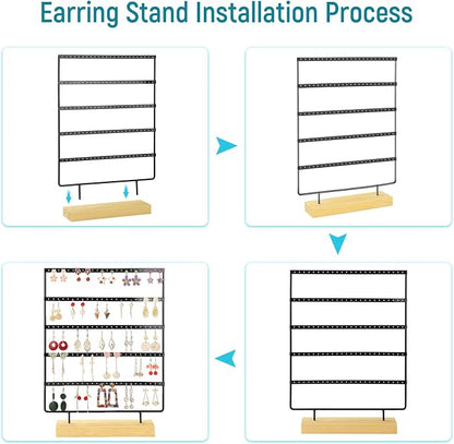 Earring Holder Organizer, 5-Tier Earring Organizer with 60-Pair Capacity, Wooden Base Metal Earring Display, Jewelry Storage & Display for Home Store, Suitable for Women