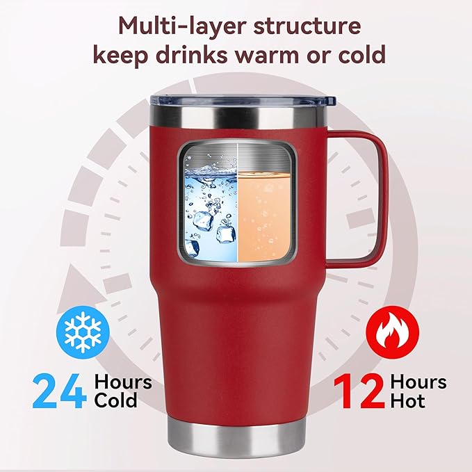20oz Tumbler Bulk with Lid, Stainless Steel Tumbler Bulk with Handle, Metal Insulated Travel Coffee Mug Set with Handle, Double Wall Vacuum Leak Proof Tumbler Cup, Red 6 Pack