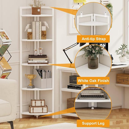 FATORRI Tall Corner Shelf, 5 Tier Modern Corner Bookshelf Stand, Wood and Metal Corner Plant Bookcase for Living Room, Home Office (White Oak)