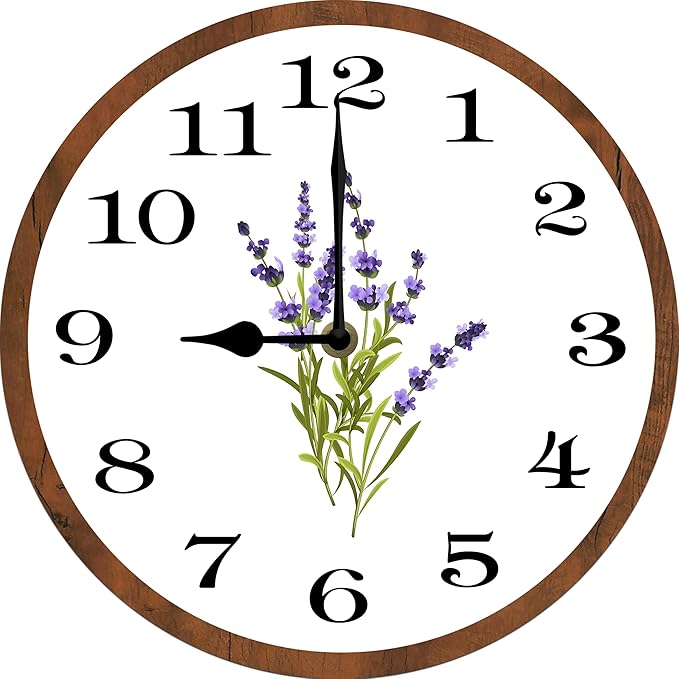 Lavender Wall Clock 10 Inch Silent Non Ticking Battery Operated Wooden Modern Office Simple Minimalist Clock Decorative for Kitchen Home Bathroom Living Room
