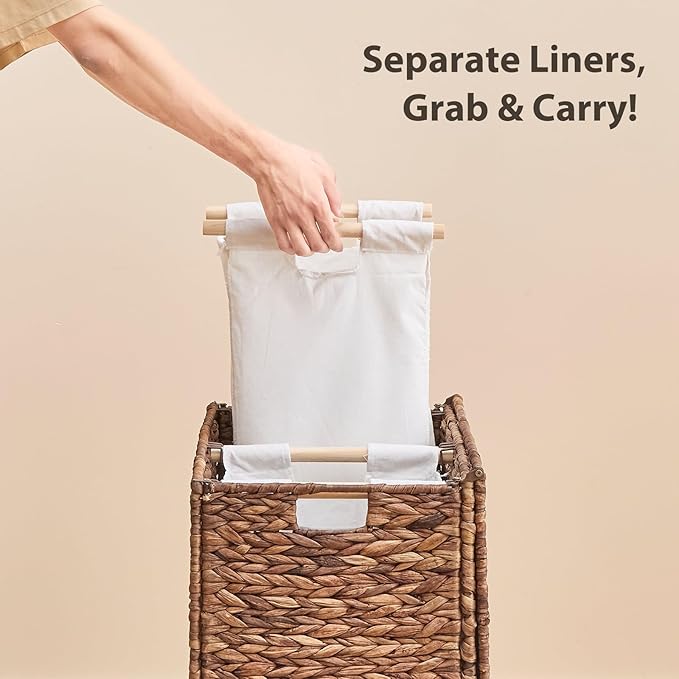Large Laundry Hamper with Lid, Handwoven Natural Water Hyacinth Heightened Feet Laundry Basket, 2-Sections Wicker Clothes Hamper with Removable Liner Bag (Espresso, 120L)