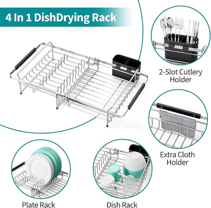 Urackify Expandable Stainless Steel in Sink Dish Drying Rack, Dish Rack Over Sink, Rustproof Dish Drainer for Kitchen Counter, Dish Strainer with Utensil Holder, Fit Sink for 13"-18", Silver