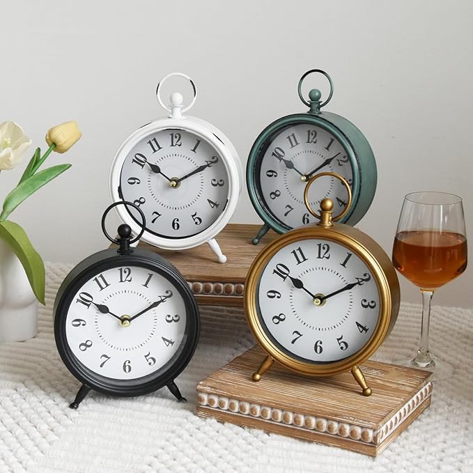 MACVAD Vintage Small Rustic Green Table Clock on Stand - Decorative Desk and Shelf Clock, Battery Operated, Silent Non-Ticking Timepiece Perfect for Office, Living Room, and Bedroom Decor