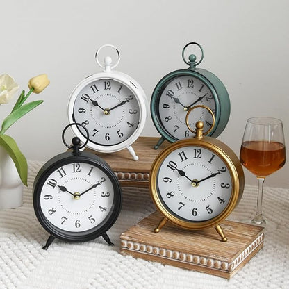 MACVAD Vintage Small Rustic Green Table Clock on Stand - Decorative Desk and Shelf Clock, Battery Operated, Silent Non-Ticking Timepiece Perfect for Office, Living Room, and Bedroom Decor