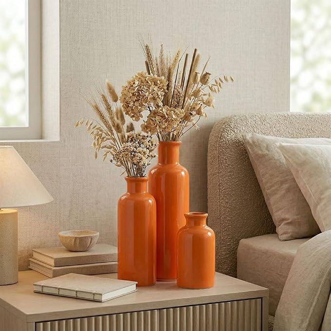 Ceramic Vase Set - 3 Orange Small Vases, Farmhouse Country Flower Vase Home Decor, Living Room Decoration, Table Decoration, Fireplace Decor, and Entrance Decorations Centerpieces
