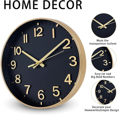 HZDHCLH Wall Clocks Battery Operated,Wall Clock Black Gold,12 inch Wall Clock Silent Non Ticking Modern 3D Numbers for Kitchen Bedroom Living Room Office Classroom Decor