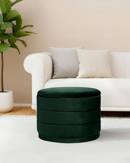 B FSOBEIIALEO Round Velvet Storage Ottoman with Tray, Folding Ottoman with Storage Coffee Table Foot Rest for Dorm Room, Living Room Bottle Green, 22.83"x22.83"x17.32"