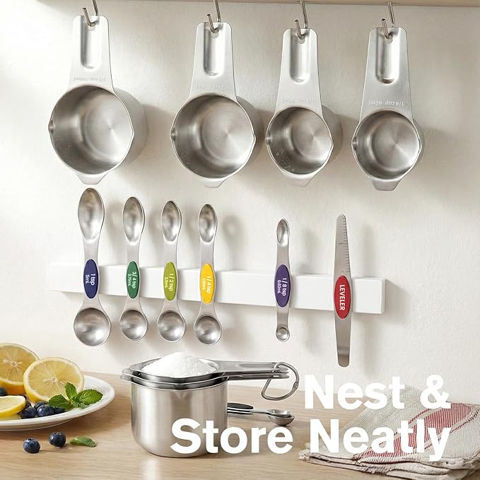 ChefAide Measuring Cups and Spoons Set, 304 Stainless Steel Measuring Cups Set of 7,8 Magnetic Stainless Steel Measuring Spoons & 1 Leveler for for Measure Dry and Liquid Ingredients