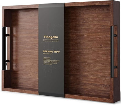 Fibogollo Bamboo Serving Tray with Metal Handles,17x12in Ottoman Decorative Trays Platter for Coffee Table,Living Room,Bar,Party,Large(Brown)