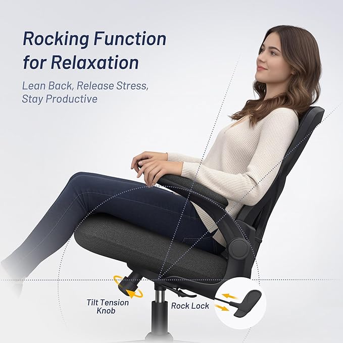 Office Desk Chair for Long Hours & Lower Back Pain Relief – 4“ Thick Molded Foam Cushion, Enhanced Lumbar Support, Padded Flip-up Armrests, New Year Workspace Upgrade, Black