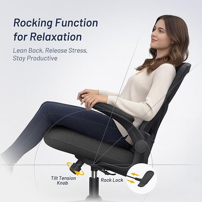 Office Desk Chair for Long Hours & Lower Back Pain Relief – 4“ Thick Molded Foam Cushion, Enhanced Lumbar Support, Padded Flip-up Armrests, New Year Workspace Upgrade, Black