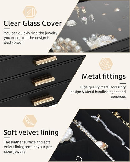 AKOZLIN Jewelry Box with Clear Lid Functional Leather Jewelry Storage Organizer Case 4 Drawers for Women Girls Necklace Ring Bracelet Earring
