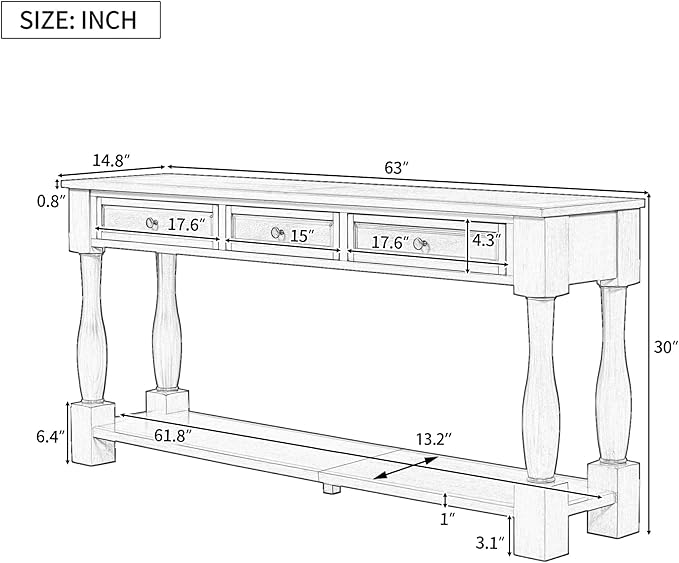 Knocbel Long Console Table with 3 Drawers & Bottom Open Shelf, Solid Wood Mediterranean Entry Sofa Table for Entryway Hallway Living Room, 63" W x 14.8" D x 30" H, Espresso