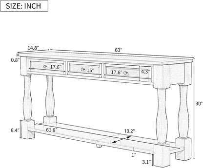 Knocbel Long Console Table with 3 Drawers & Bottom Open Shelf, Solid Wood Mediterranean Entry Sofa Table for Entryway Hallway Living Room, 63" W x 14.8" D x 30" H, Espresso