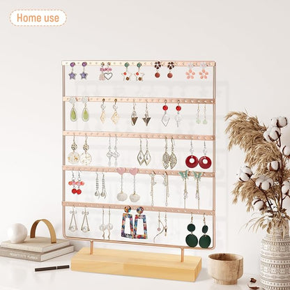 Earring Holder Organizer, 5-Tier Earring Organizer with 60-Pair Capacity, Wooden Base Metal Earring Display, Jewelry Storage & Display for Home Store, Suitable for Women
