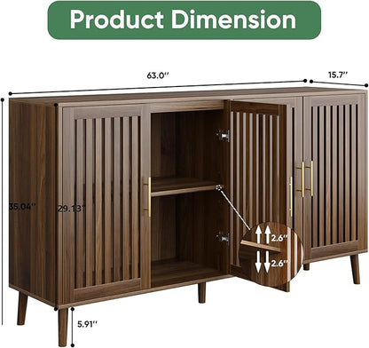 Buffet Cabinet with Storage, 63" Walnut Sideboard with Grille Doors&Adjustable Shelf, Wood Coffee Bar Storage Cabinet for Kitchen Living Room Entryway