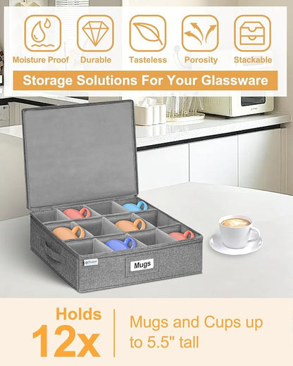 punemi Mug Storage Organizer w/Hard Shell Sides & Bottom, Padded Dividers, 2-Pack Stackable Coffee Mug Storage Boxes for Tea Cups, China Storage Containers for Packing & Moving