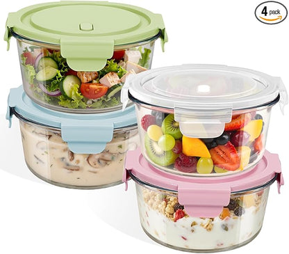 Freshmage 25oz Glass Meal Prep Containers, Round Food Storage Container with Lid Airtight, BPA-Free, Borosilicate Glass Soup Container for Leftovers, Microwave Oven Dishwasher&Freezer Safe (4 Pack)