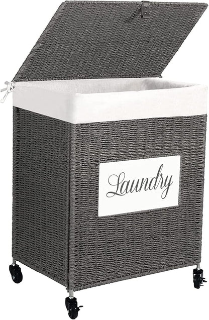 Mxfurhawa Laundry Basket, Heavy Duty Cotton Liner Laundry Storage Hamper with Handles, Collapsible Clothes Wire Basket Organizer Laundry Bag (89GY-H)