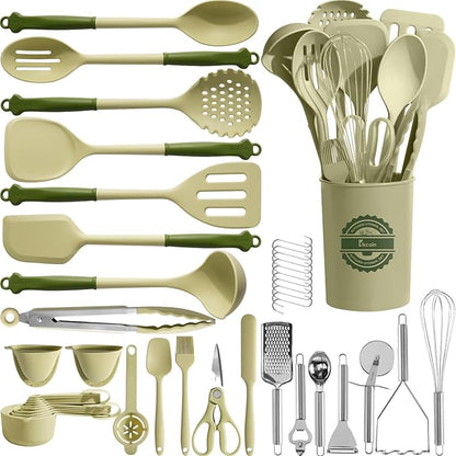 Kikcoin 43Pcs Kitchen Utensils Set - Silicone Cooking Utensil Set, Dishwasher Safe Spatula for Non-stick Cookware, 446°F Heat Resistant Kitchen Gadgets with Holder BPA Free, Avocado Green