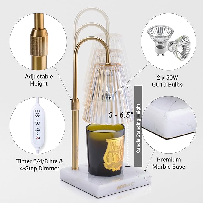 Candle Warmer Lamp with Dimmer & Timer- Wax Melt Warmer Fits All Candle Size - 2 Bulbs Included (White Marble)