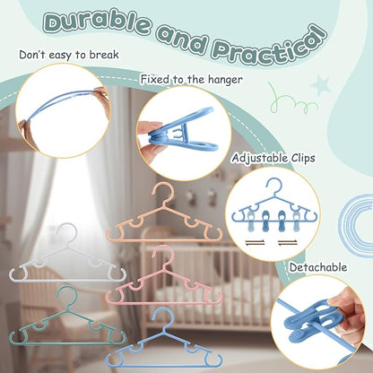 Hsei 5/10/40 Pack Baby Hangers with 10/20/80 Clips, Plastic Kids Pants Hangers for Nursery Closet Top and Bottom Clothes Hanger Set for Newborn Infant Toddler(30 Packs Total,Morandi Color,10.6 Inch)