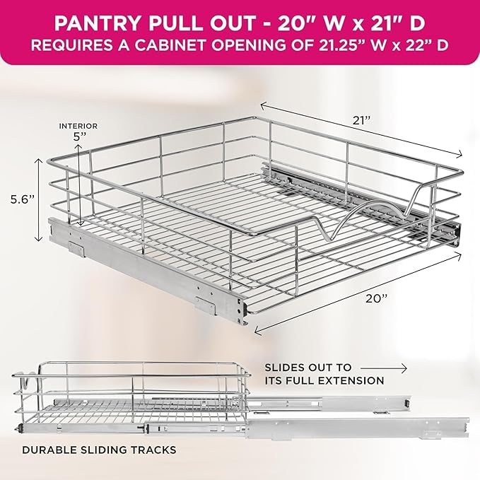 HOLDN’ STORAGE Pull Out Cabinet Organizer, Slide Out Drawer for Kitchen Cabinets & Pantry, Roll Out Shelf for Pots, Pans & Under Sink Storage, Heavy-Duty Full-Extension, 20"W x 21"D x 5"H