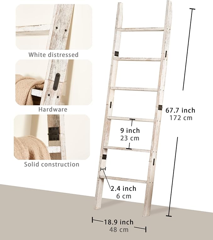 Blanket Ladder for The Living Room 6-Tier, Wooden Decorative Quilt Holder for Bed Room, Wall-Leaning Towel Rack for Bathroom，Rustic Farmhouse Ladders for Display. (White Wash)
