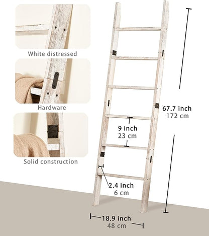 Blanket Ladder for The Living Room 6-Tier, Wooden Decorative Quilt Holder for Bed Room, Wall-Leaning Towel Rack for Bathroom，Rustic Farmhouse Ladders for Display. (White Wash)