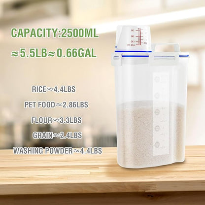 2 Pcs 5.5Lbs Rice Dispenser Storage Containers, Rice Container with Measuring Cup & Pour Spout, Kitchen Plastic Airtight Container for Cereal, Grain, Flour, Sugar, Oatmeal, Dry Pet Dog Food