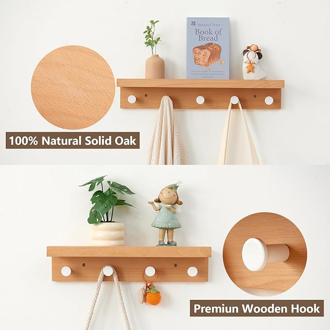 Beech Wood Coat Rack Shelf Wall Mounted, Wooden Wall Hooks with Shelves, Entryway Shelf with 3 Hooks for Hanging Clothes Hats Towel for Bathroom, Living Room, Bedroom (Natural, 14 inches)