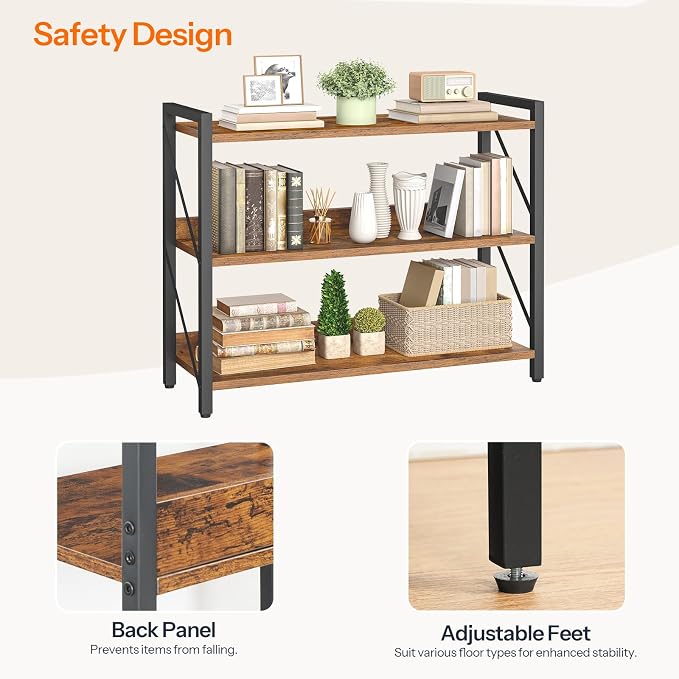HOOBRO Bookshelf, 3-Tier Industrial Bookcase, Book Shelf Storage Organizer, Bookshelf with Metal Frame for Living Room, Bedroom, Home Office, Kitchen, Rustic Brown and Black BF718SJ01