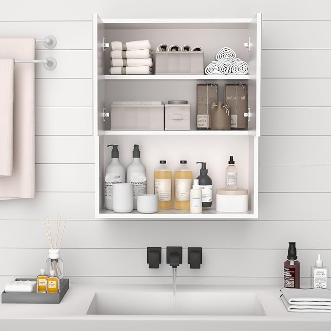 Fluted Bathroom Wall Cabinet Over The Toilet Storage,Wall Mounted Cabinet with Adjustable Shelf,Floating Cabinet Organizer Hanging Cabinet,Kitchen and Laundry Room Cabinets (White,1 PC)