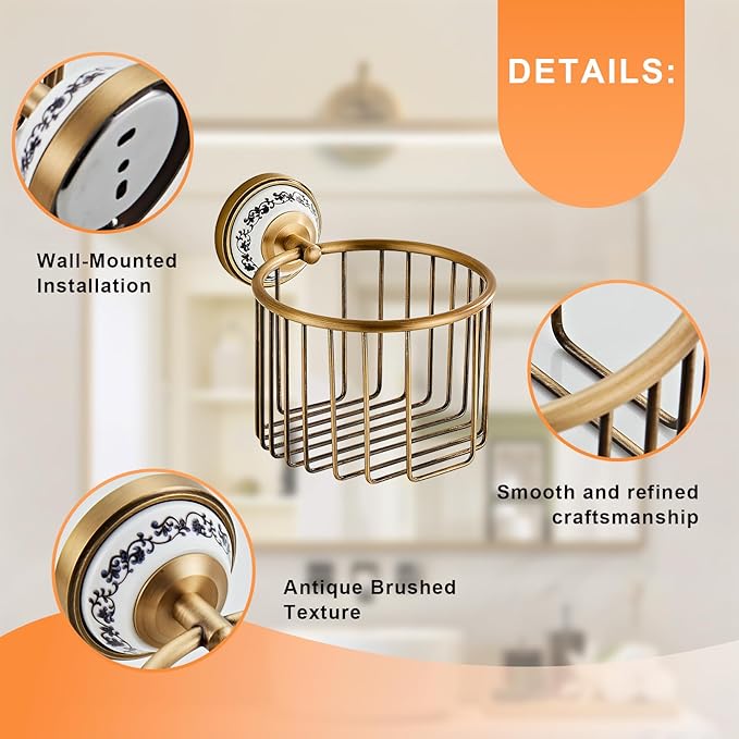 Vintage Wall-Mounted Toilet Paper Holder with Wire Basket Design, Antique Brass, Wall-Mounted Bath Hand Towel Holder with Ceramic Inlay, Vintage Style.