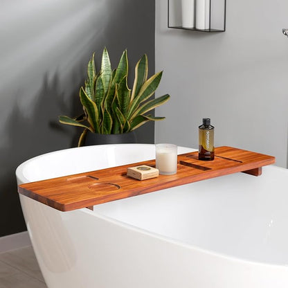 Teak Bathtub Tray for Freestanding Tubs - 35" Heavy-Duty Luxury Bath Caddy, Non-Slip Zero-Wobble Design, Water-Resistant Spa Organizer with Wine Glass & Phone Holder