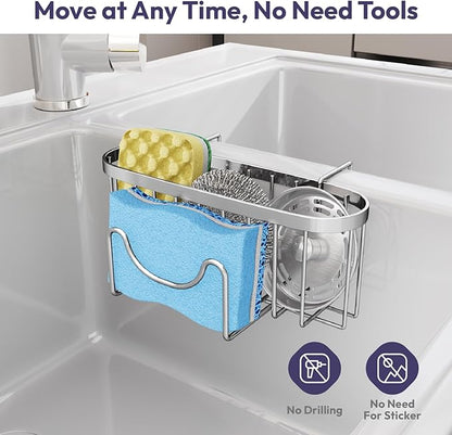 SWTYMIKI Sponge Holder for Kitchen Sink - Movable Kitchen Sink Caddy with M Shape Hook Stainless Steel Hanging Sponges Caddy Organizer in Double Bowl Sinks Depth>3.15in, Middle divider<1.5in, Silver L