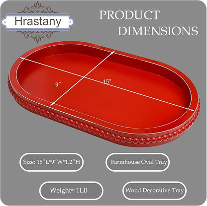 Red Oval Wood Decorative Ottoman Tray for Coffee Table Kitchen Counter, Living Room, Handcrafted Wooden Serving Tray for Table Centerpiece