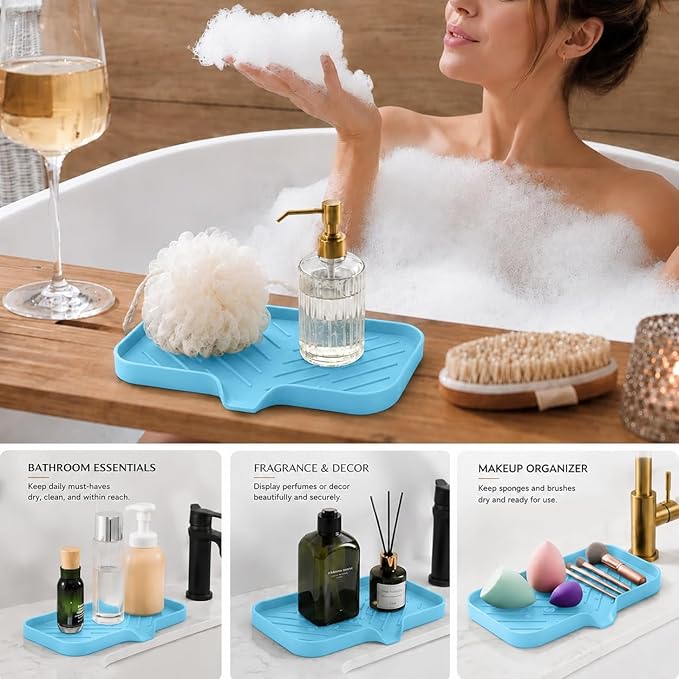 MicoYang Silicone Soap Dish with Drain Spout — Self-Draining Sink Organizer Tray for Bathroom & Kitchen, Sponges, Dispensers & Soap Holder, Non-Slip & Dishwasher Safe, Light Blue (Medium, 9.6"×5.3")
