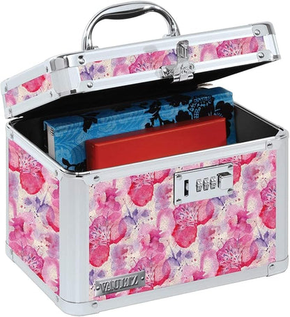 Vaultz Combination Lock Box - Secure Safe for Documents, Valuables, Medicine & Money - 10 x 7.25 x 7.75 Inch - Floral, Pink & Gray