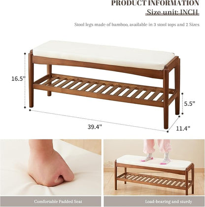 Shoe Rack Bench Entryway Bamboo Shoe Storage Bench with Leather Cushion 2 Tiers Shoe Rack Entryway Bench for Hallway, Living Room,Bedroom(Beige Bench top+Brown Frame)