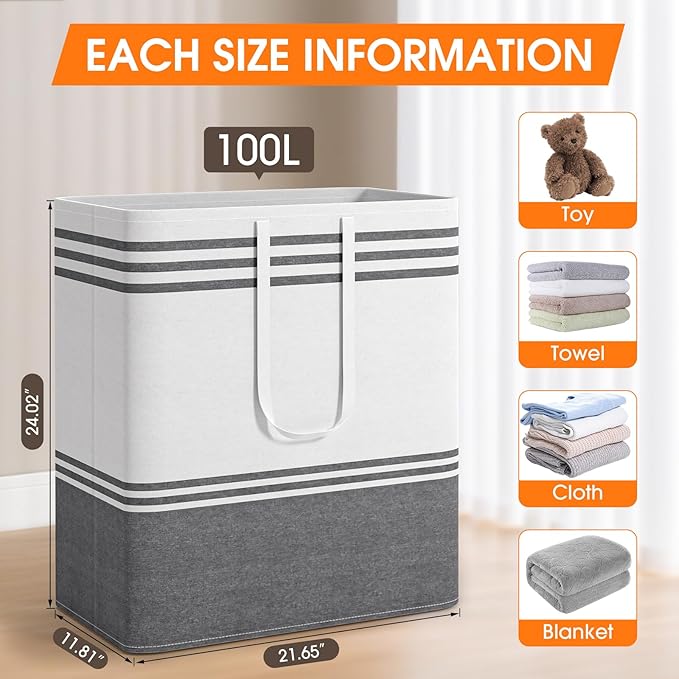 2 Pack Large Home Laundry Basket, Laundry Hamper, Freestanding Waterproof Dirty Clothes Bag, Tall Clothes Hamper - Extended & Reinforced Handles for College Dorm, Family (Light Grey/100L)