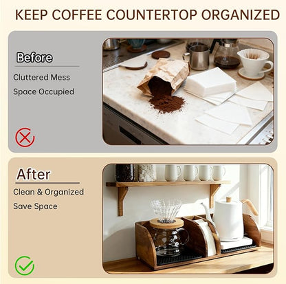 MAVOTER Acacia Coffee Bar Station Organizer Stand for Pour Over Maker, Coffee Filter Holder for Countertop ,Wooden Caddy Storage Organizers with Heatproof Mat(17.8*7*5.1 inch)