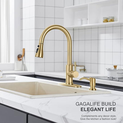 GAGALIFE Built in Sink Soap Dispenser or Lotion Dispenser for Kitchen Sink, Brushed Gold ABS Pump Head, with 17 Ounce Large PET Soap Bottle