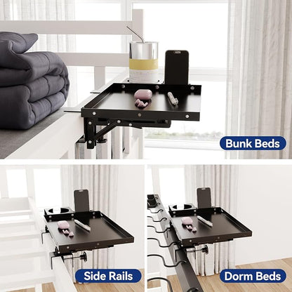 Metal Bedside Shelf Table Tray with Cup Holder, Foldable Bed Side Table for Bunk Bed & Top Bunk, College Dorm Room Essentials for Guys & Girls, Clip-on Laptop Nightstand for IKEA Beds, Black