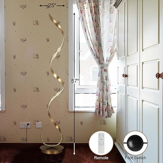 3 Color Light Modern Gold Floor Lamp,57" Dimmable Tall Lamp with Foot Switch,Remote Control,Spiral Standing Beside Lamp for Living Room,Bedroom,Dining Room(Gold)