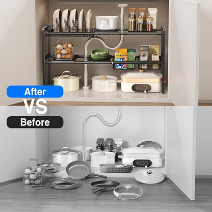 Mustorn Pots and Pans Organizer Under Cabinet, Expandable 2 Tier Under Sink Organizers Storage Adjustable Height Kitchen Pot and Pan Lid Holder Rack with 6 Dividers(4panels,2baskets,1 Pot rack,Black)