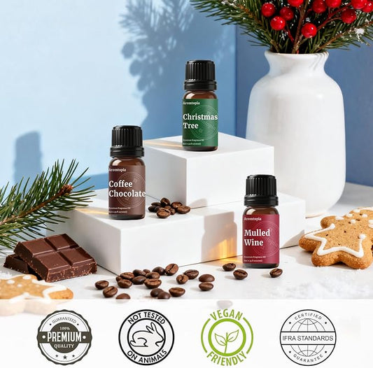 Fragrance Oil Holiday Set, Aromtopia Essential Oils for Candle Soap Making, 6x10ml, Diffuser Oils Scents, Winter Fragrance Oils, Christmas Tree, Coffee Chocolate, Black Cherry, More