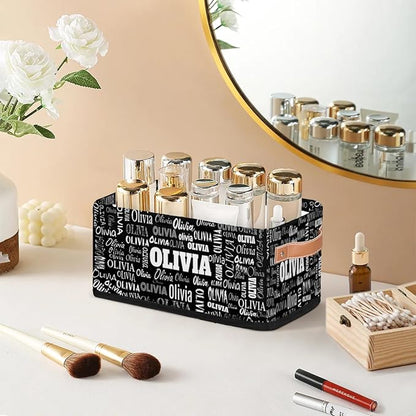 Custom Storage Baskets for Decor with Name, Small Organizer Collapsible Storage Bin with Leather Handle, Toilet Tank, Towel Storage, Entryway, Black